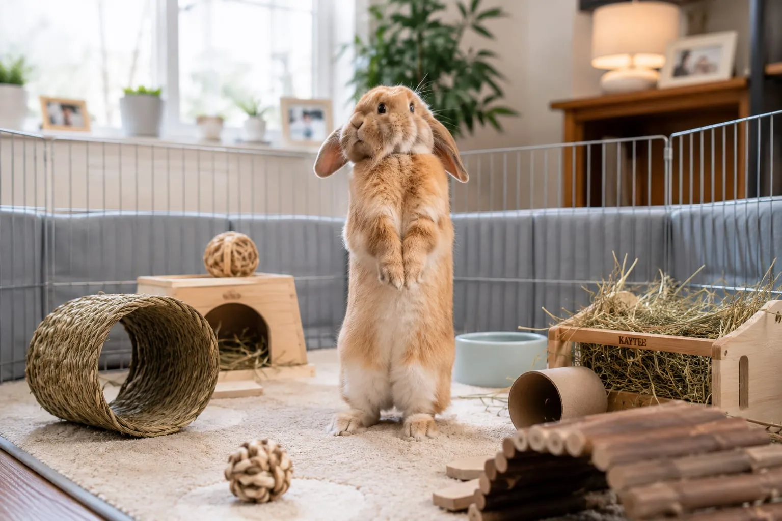 a rabbit standing in a rabbit playground with a innocent facce