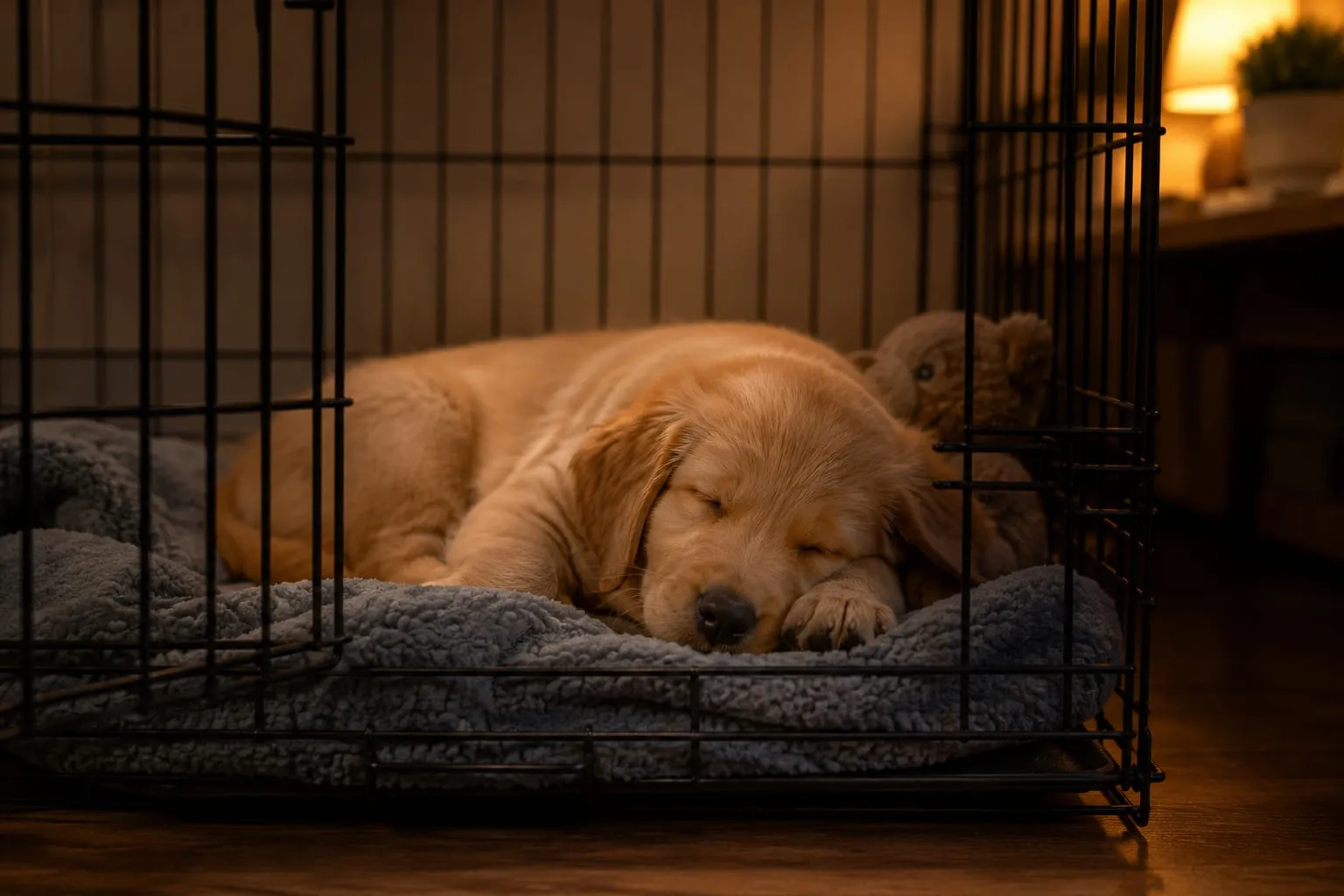 dog is sleeping in a open cage peacefully with warm light