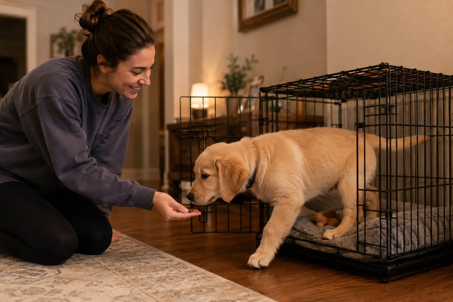 a dog is coming out of the house while a girl giving him food