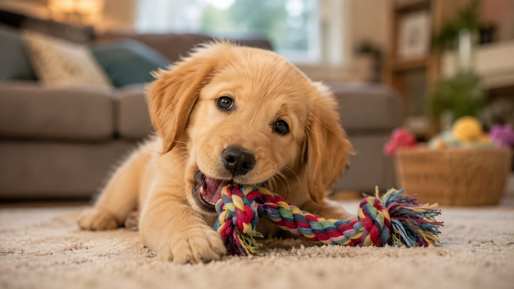 A playful puppy chewing on a teething toy