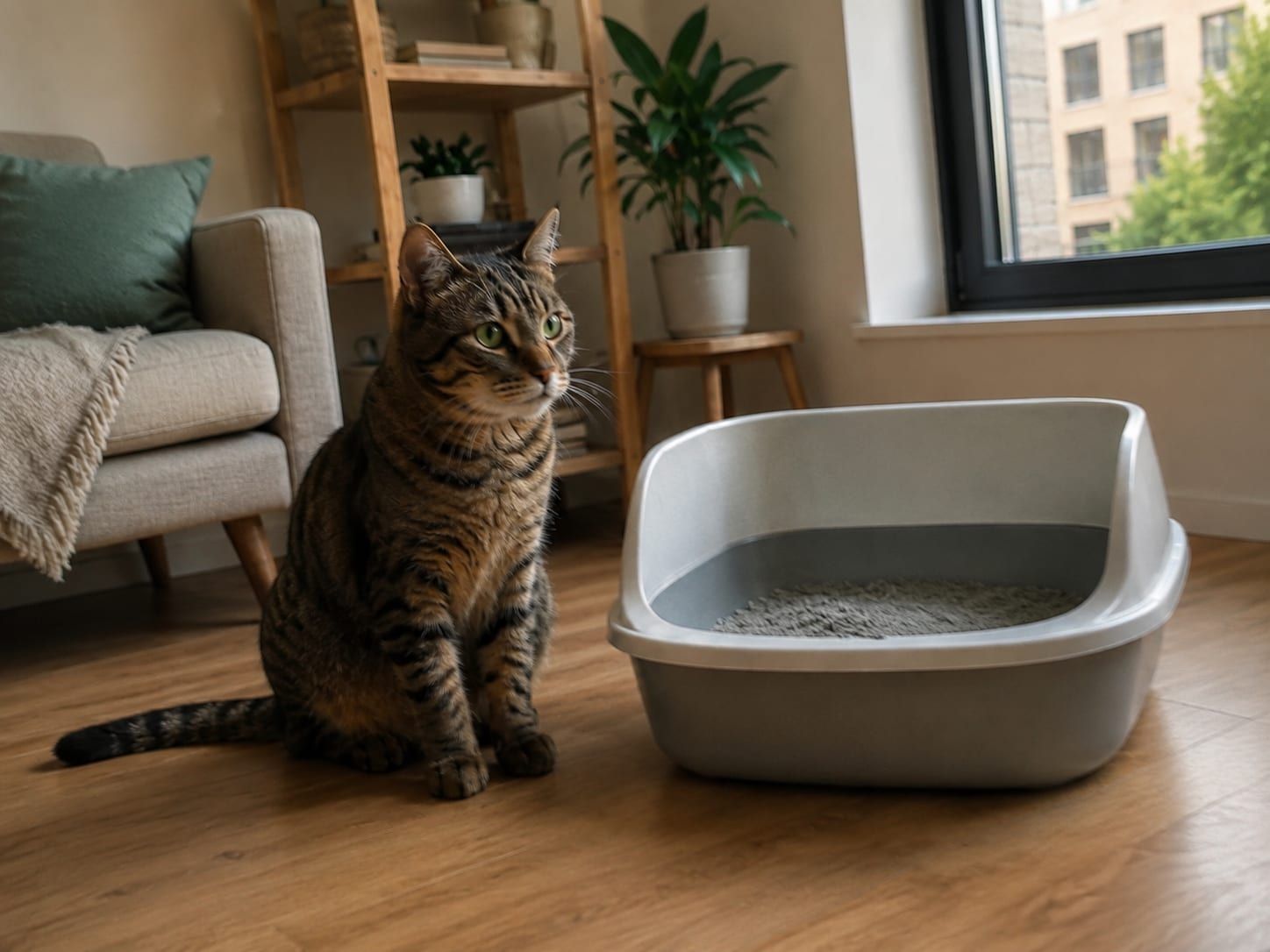 A tabby cat sitting on a wooden floor beside a clean litter box in a bright apartment