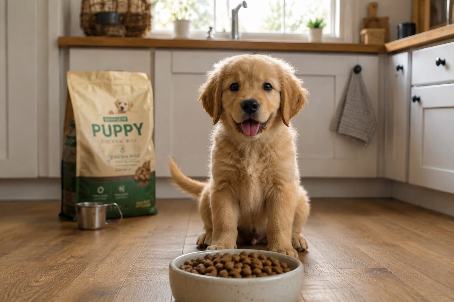 A puppy sitting in front of a food bowl beside a bag of puppy food and a measuring cup