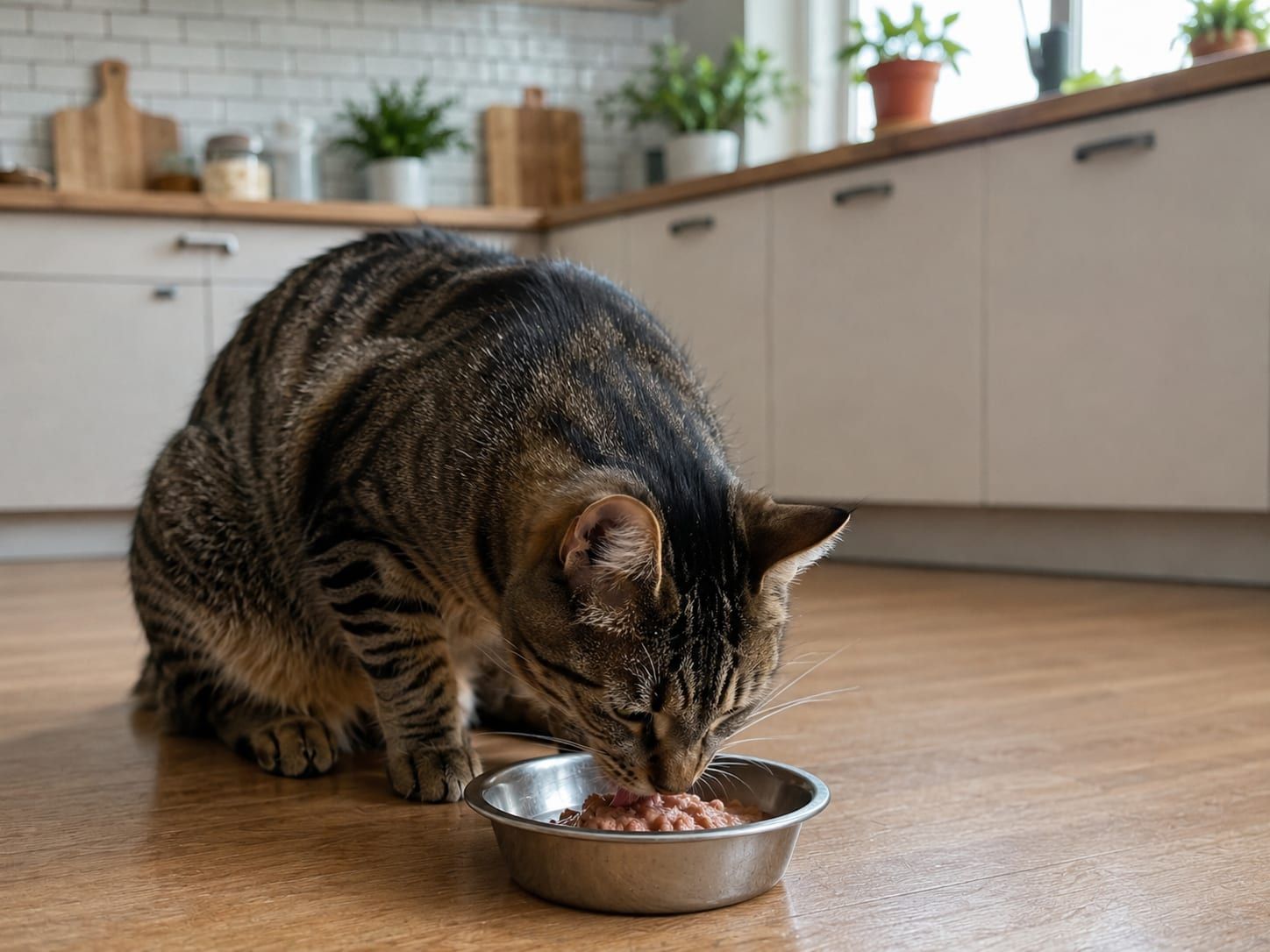 An adult cat beside a small bowl of food, with a bag of cat food and a measuring scoop behind it