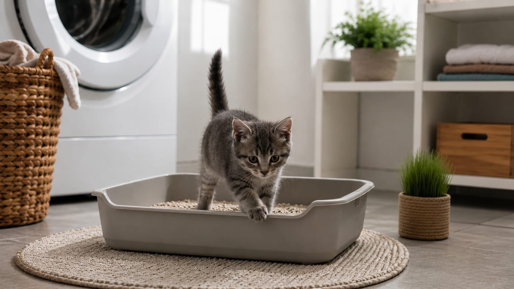a cat coming out of his litter box and he is happy