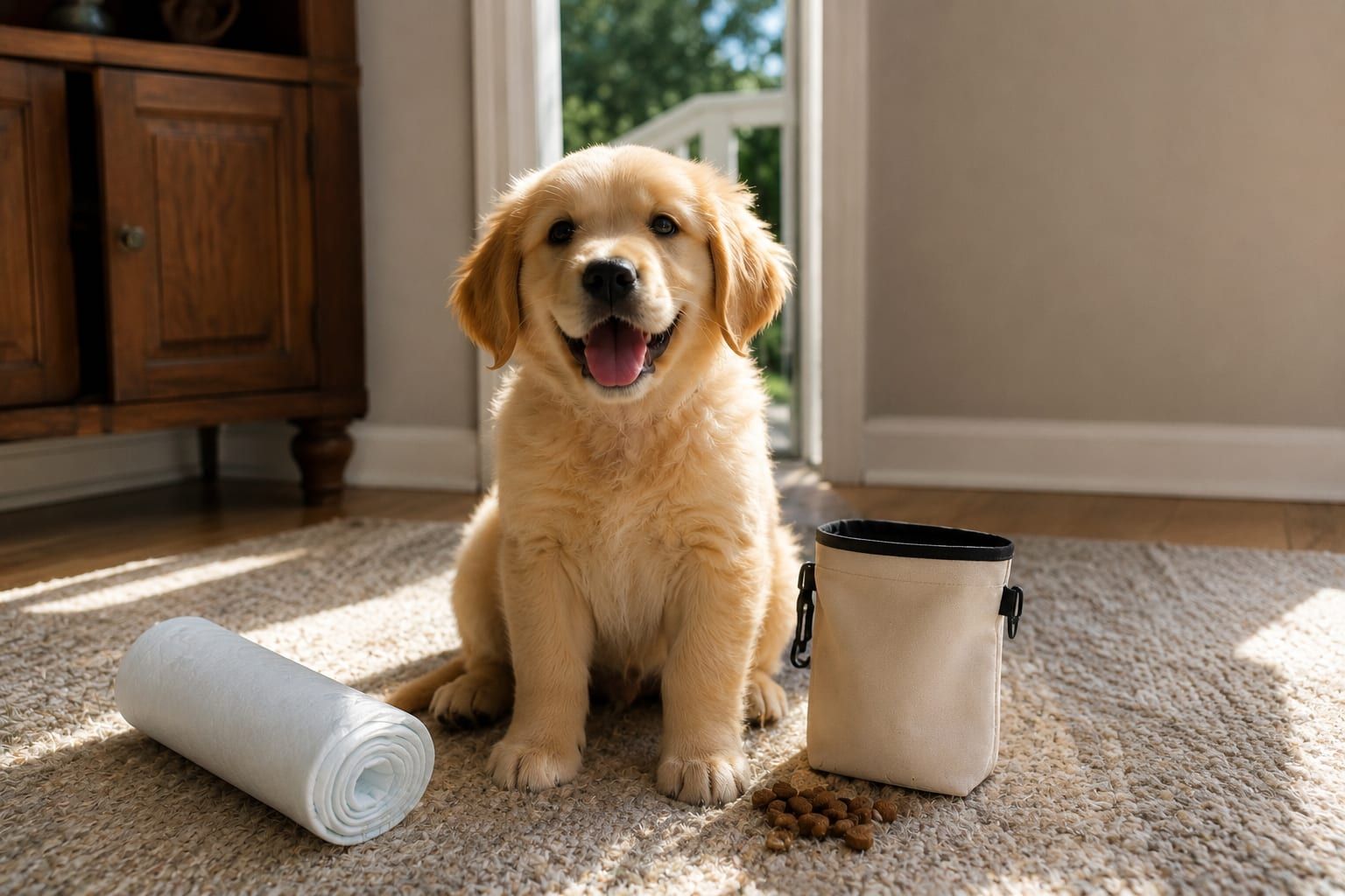 A golden retriever puppy sitting on a backyard lawn beside an open patio door